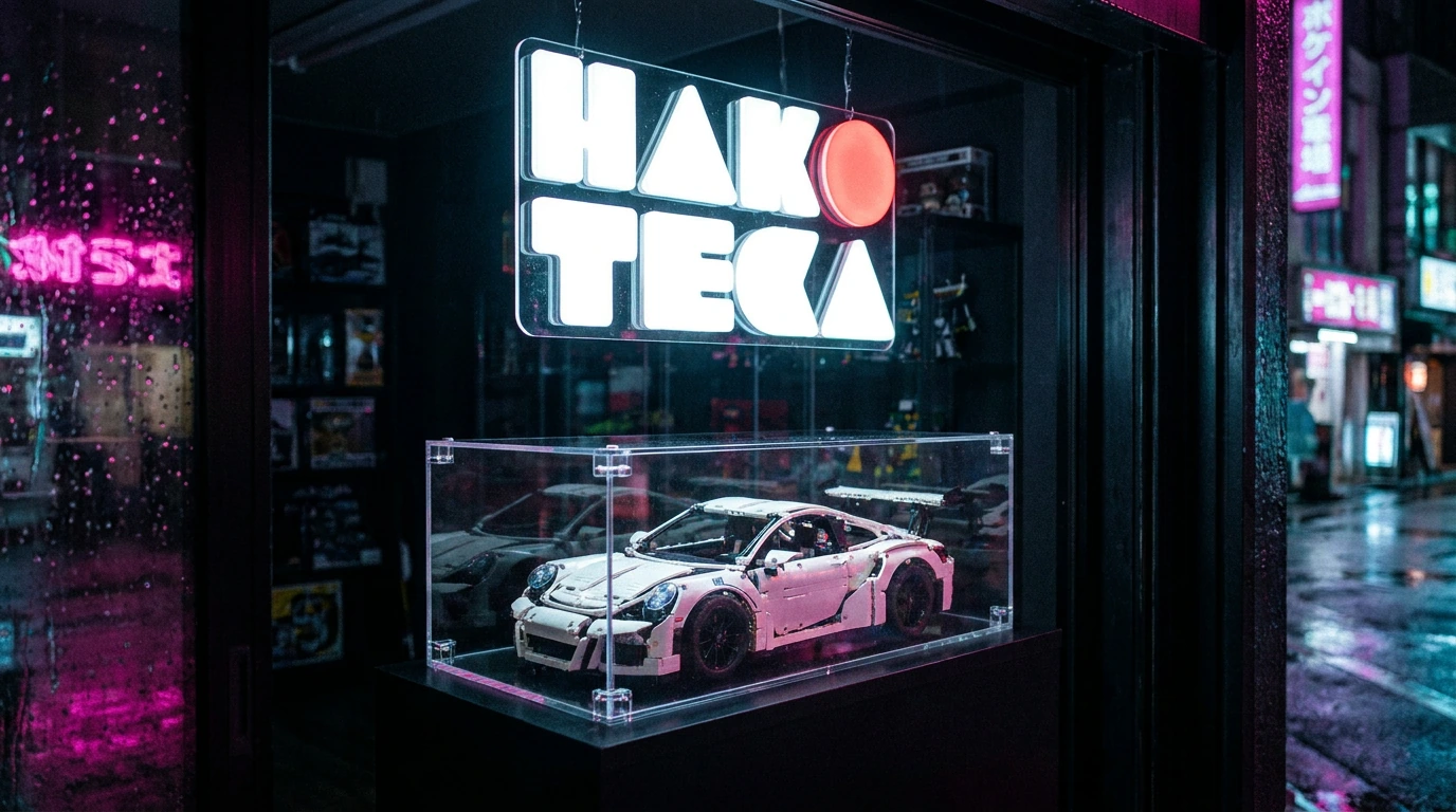 Hakoteca clear display case showcasing a LEGO Porsche 911 GT3 RS in a neon-lit Tokyo storefront